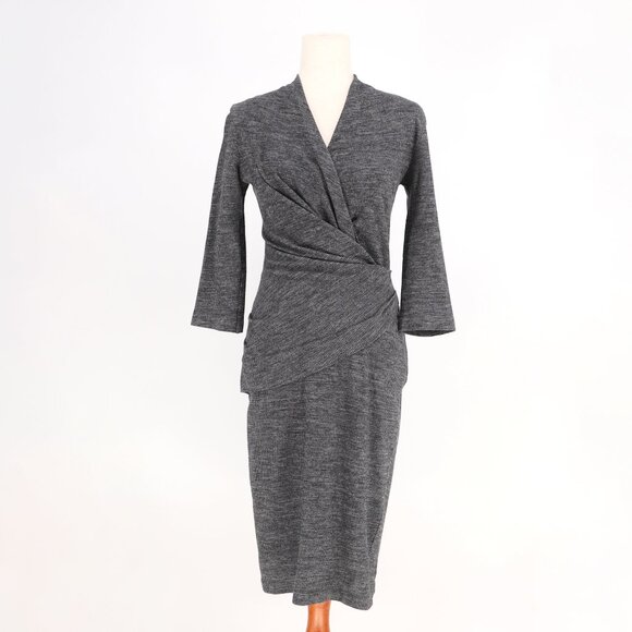 M.M.LAFLEUR Casey Dress Mini Houndstooth Ruched Drape Wrap Gray/Black Size S - Picture 2 of 9